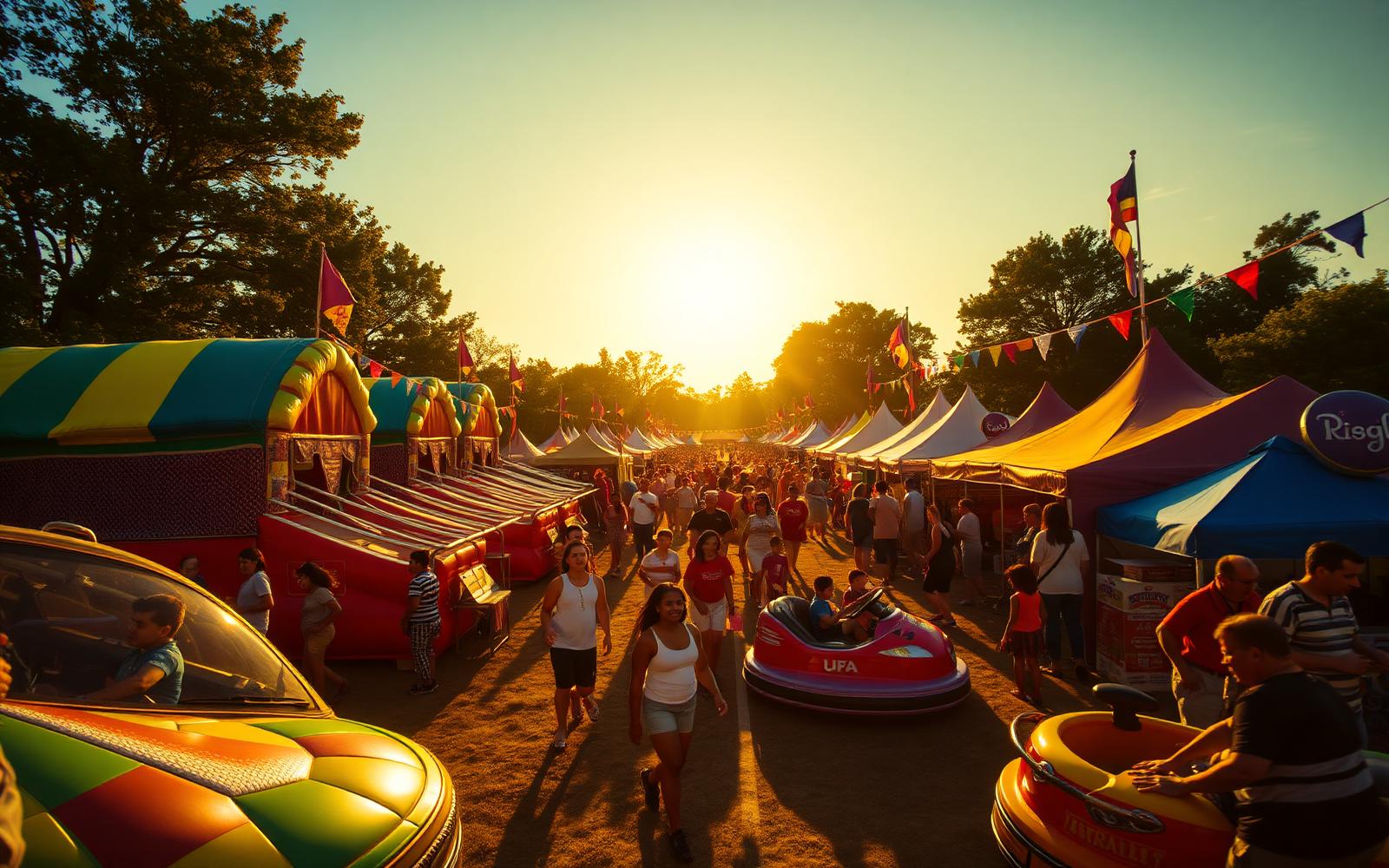Community event with bounce houses, bumper cars, and food vendors